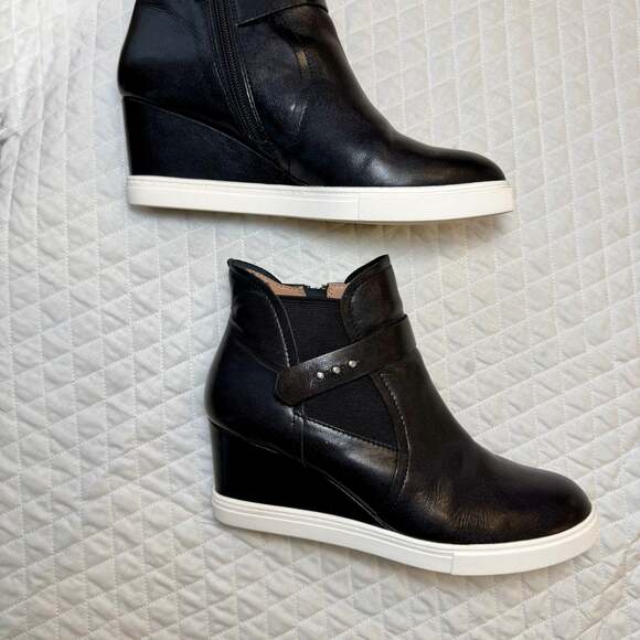 Linea Paolo Shoes - Linea Paolo Freshton Black Leather Wedge Sneaker Booties